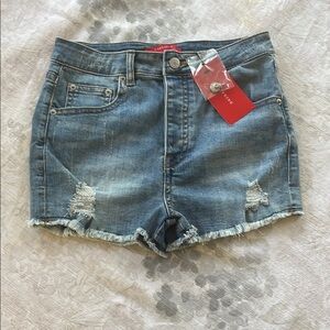 Caffeine High-Waisted Blue Jean Shorts with Distressed Hem and Buttonfly